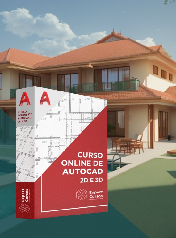 Ao fundo, uma casa estilo sobrado, com jardim e piscina. Na frente, uma caixa com o texto "Curso Online de AutoCAD"