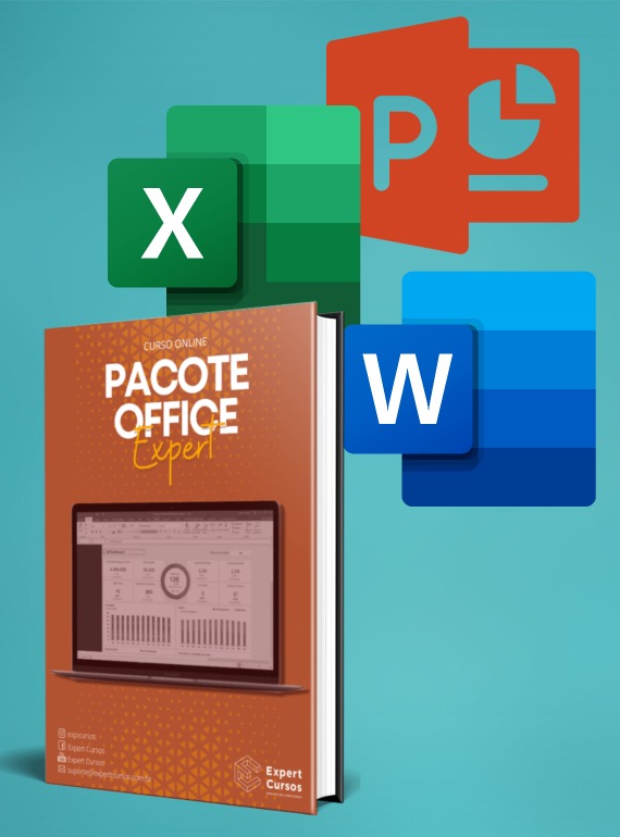 Imagem com as logomarcas dos softwares Power Point, Excel e Word e um livro na frente com o título "Pacote Office Expert".