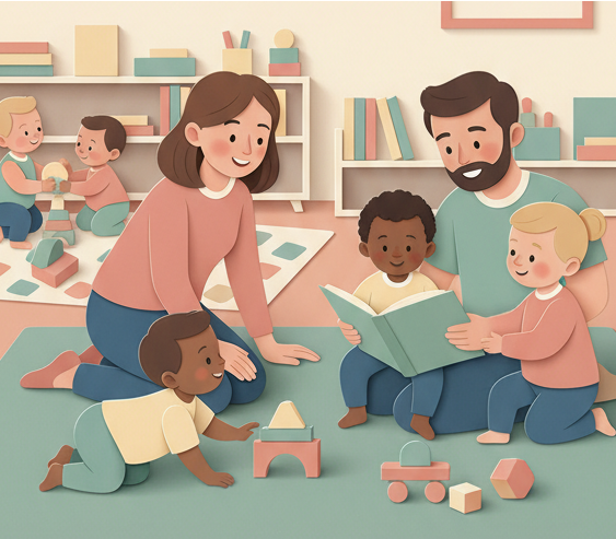 Ilustração semelhante a recorte de papel, de uma sala de aula de creche com 2 adultos ensinando 3 crianças.