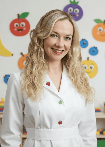 Fotografia da nutricionista Raquel Sanchez Franz em uma sala de creche.