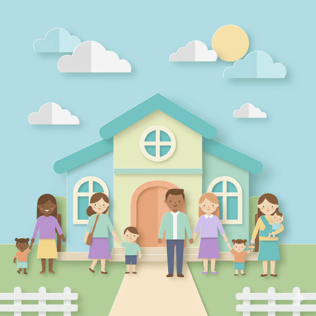Ilustração em estilo recorte de papel representando uma instituição de atendimento infantil, com várias pessoas e crianças.