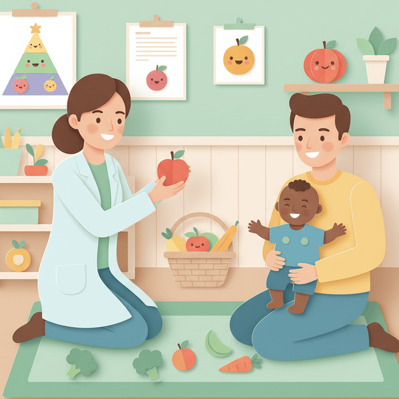 Ilustração em desenho de uma nutricionista, um adulto e uma criança.