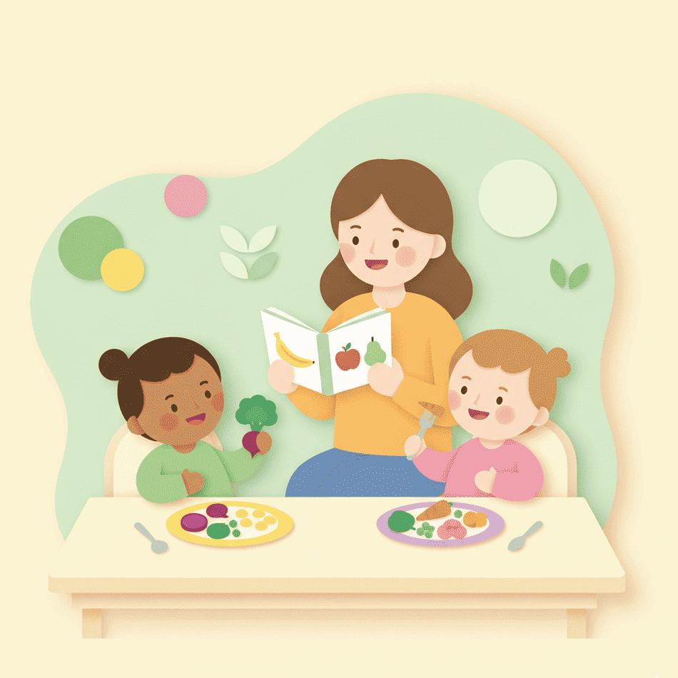 Ilustração de uma mulher e duas crianças felizes durante uma refeição.