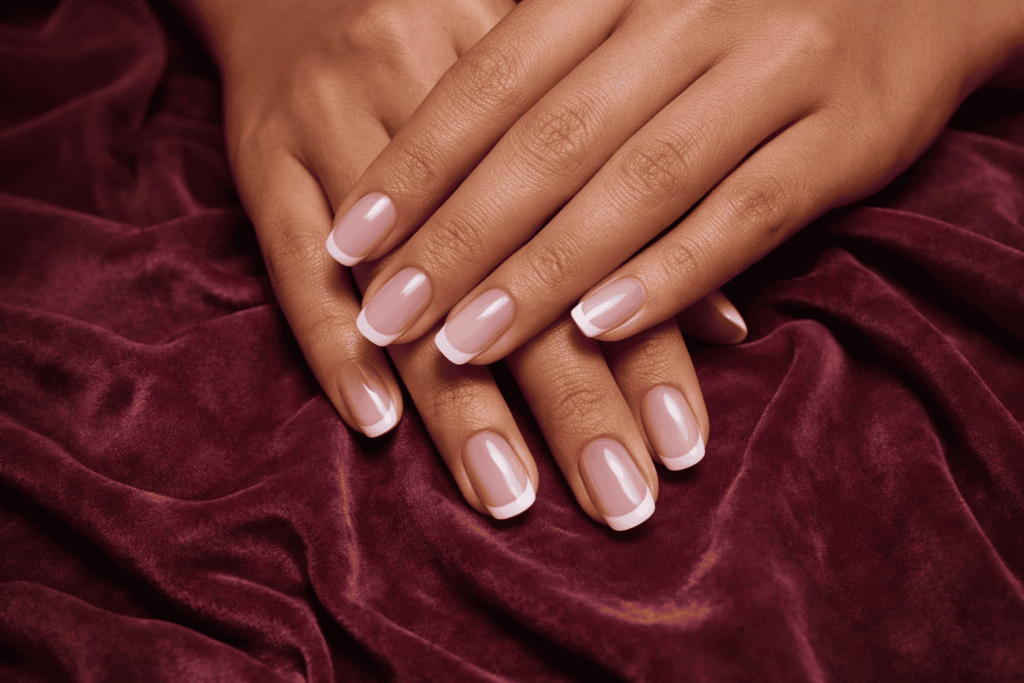 Imagem de duas mãos de pele morena, unhas perfeitas, sobre tecido aveludado.