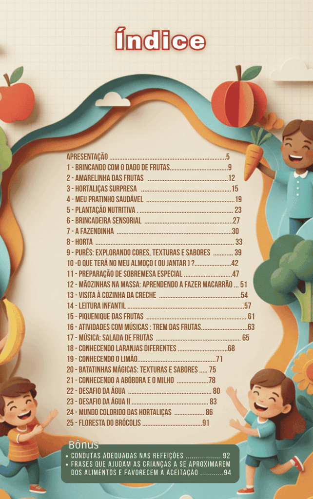 Imagem da página de índice do e-book Brincar, Ensinar e Nutrir.