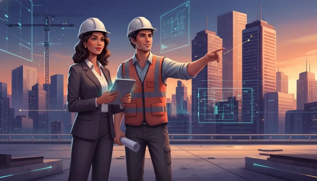 Dupla de gerentes de projetos de engenharia civil revisando plantas arquitetônicas em um canteiro de obras com um horizonte urbano moderno ao fundo.