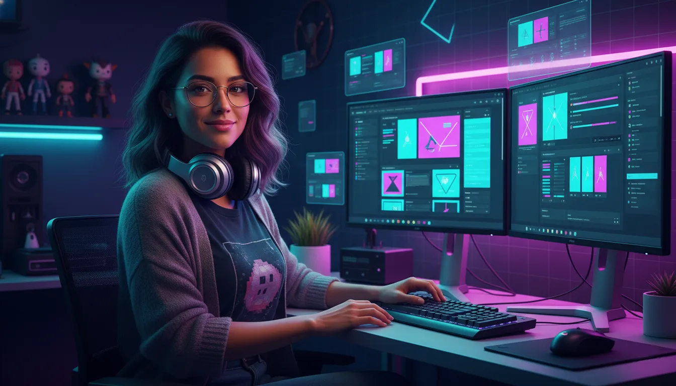 Jovem mulher web designer em frente ao computador desktop de tela dupla.