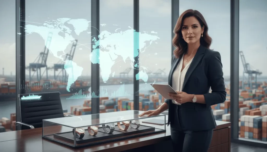 Uma mulher executiva em um escritório com vista para uma zona portuária.