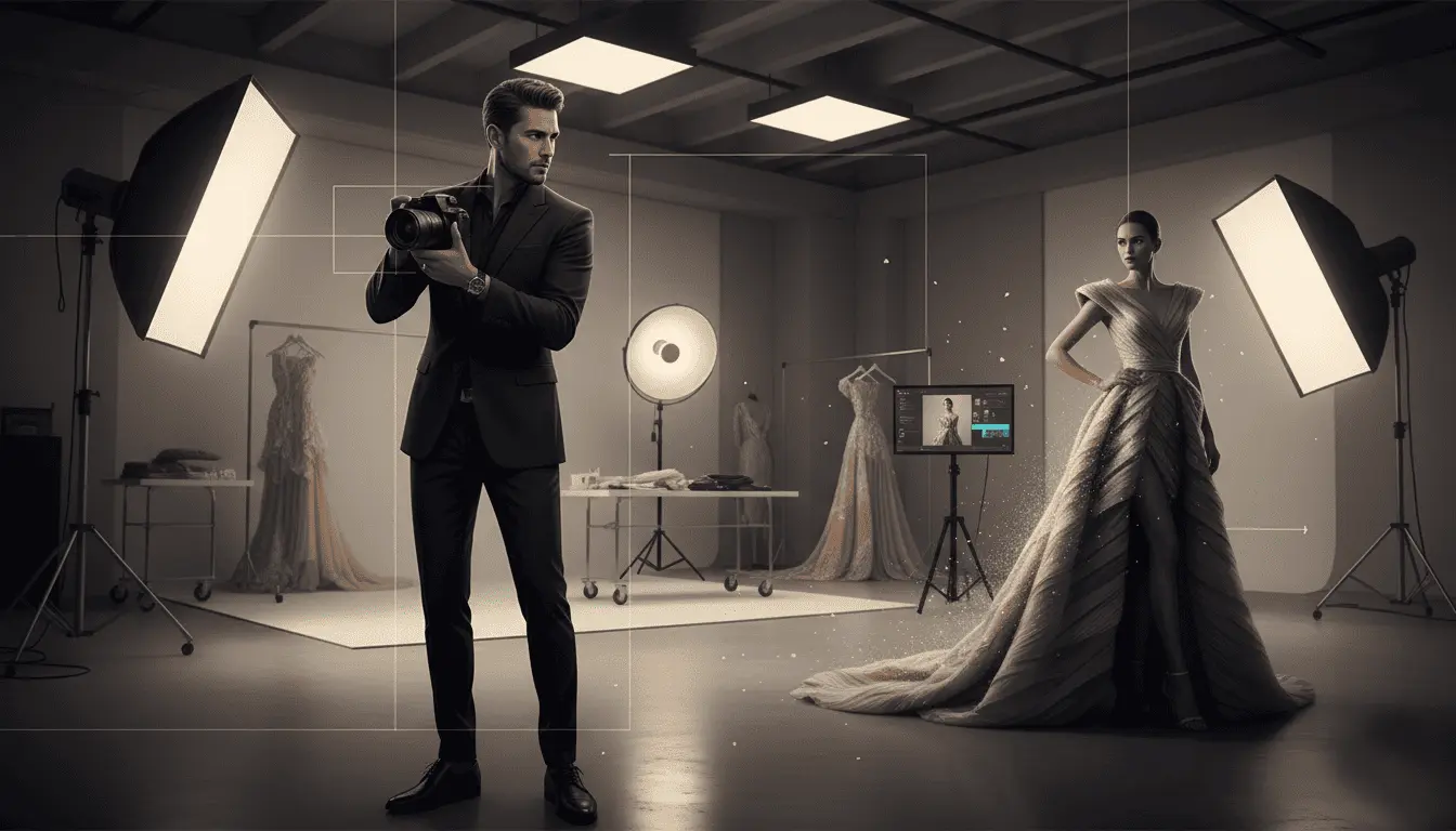 Um fotógrafo em um estúdio fotográfico segura uma câmera fotográfica e orienta modelo a fazer pose.