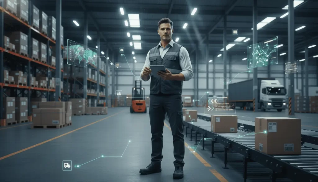 Um Supervisor de Distribuição com um tablet em um galpão logístico.