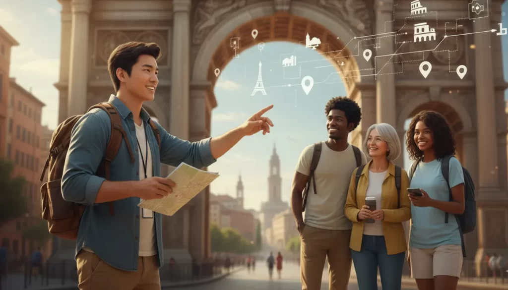 Guia turístico em frente a uma construção histórica junto com 3 turistas.