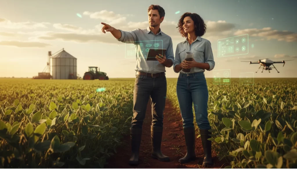 Dupla de engenheiros agrônomos, homem e mulher, em uma plantação de feijão.