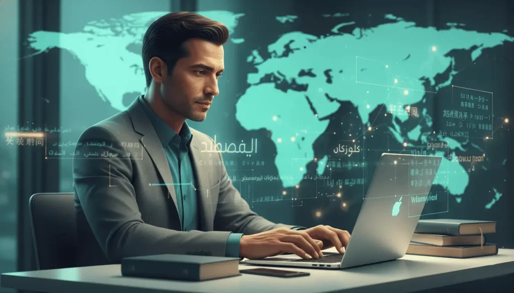 Um homem tradutor profissional usando um notebook em um escritório com um mapa do mundo.