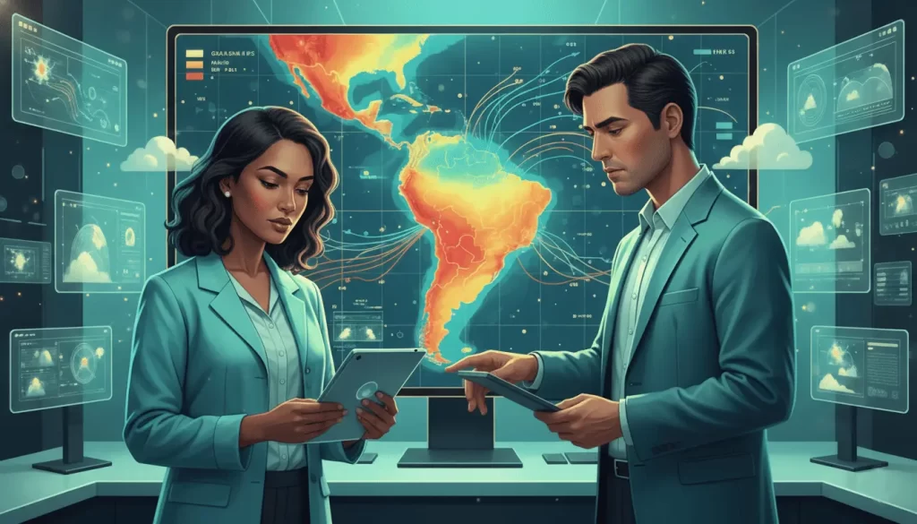 Uma dupla de meteorologistas, uma mulher e um homem, em um centro de monitoramento climático.