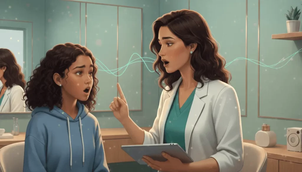 Uma fonoaudióloga orientando uma adolescente a falar.