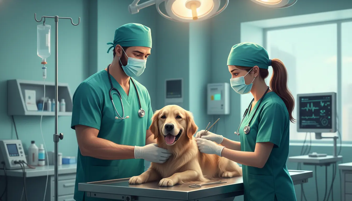 Um veterinário e uma veterinária em um consultório atendem um cão golden retriever.