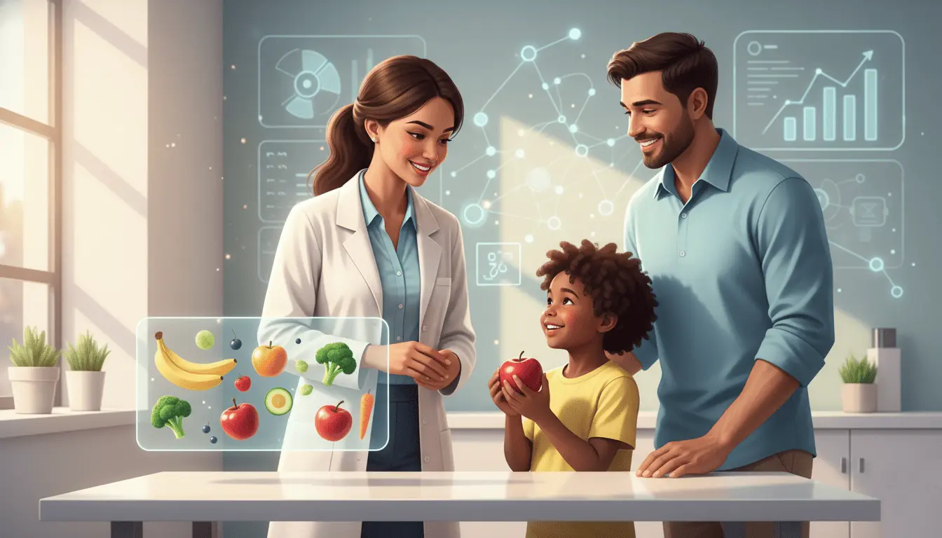 Uma nutricionista, uma criança e um homem adulto em um consultório futurista.