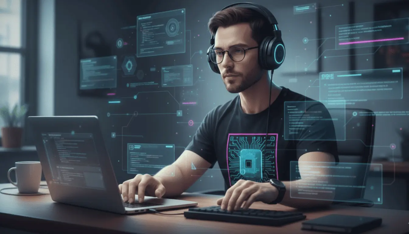 Um homem com headphones diante de um notebook.