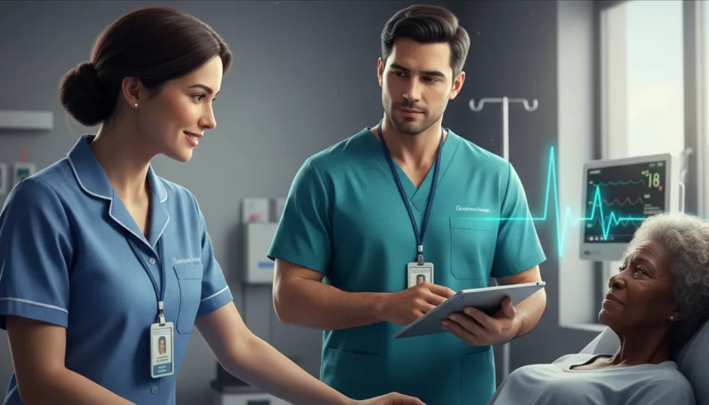 Uma dupla de enfermeiros, homem e mulher, cuidando de uma paciente idosa em um leito hospitalar.