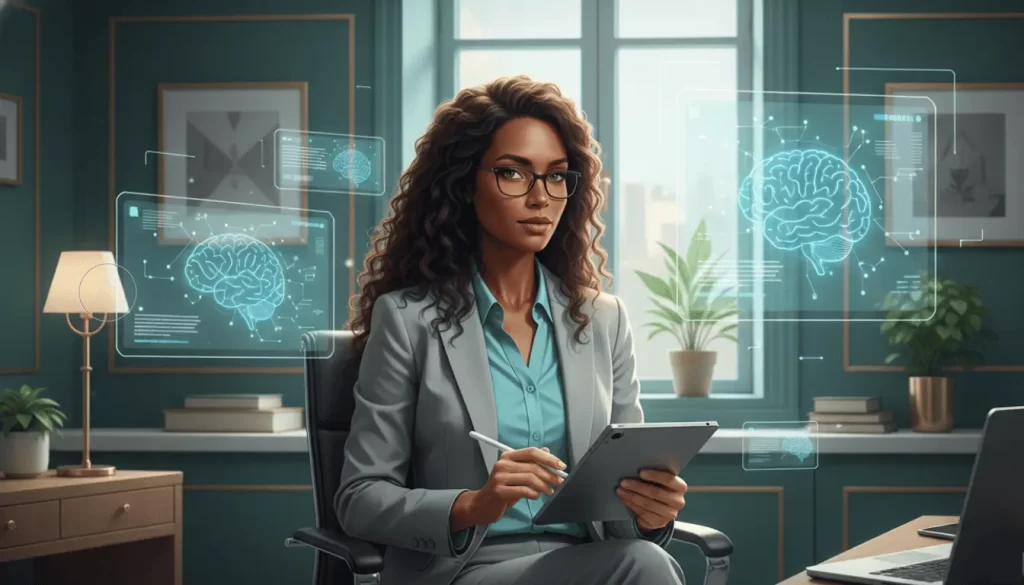 Mulher Psiquiatra morena, sentada, segurando um tablet em um consultório.