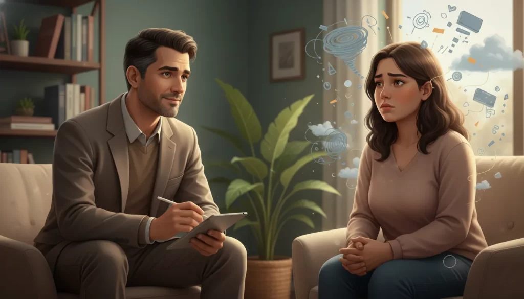 Um homem psicólogo atende uma paciente em um consultório.