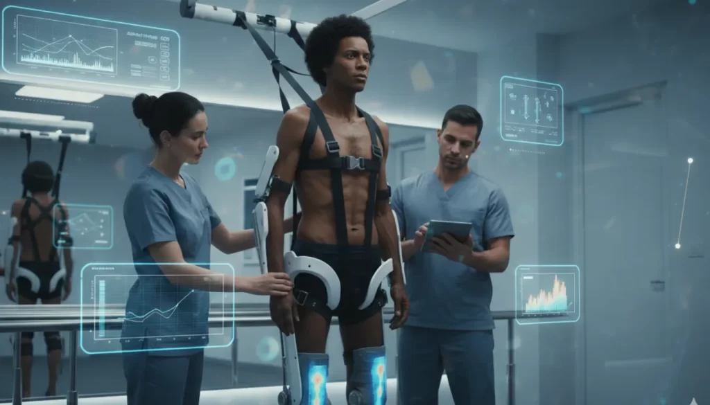 Dupla de fisioterapeutas, homem e mulher, ajudam paciente paraplégico em reabilitação com exoesqueleto.