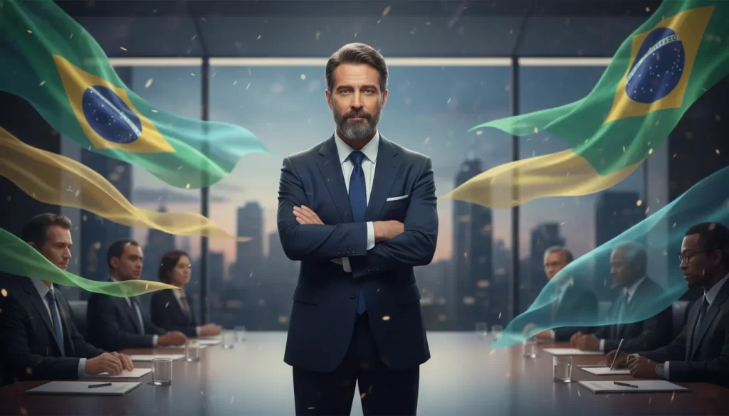 um diplomata em frente a uma mesa de negociações, com bandeiras do Brasil.