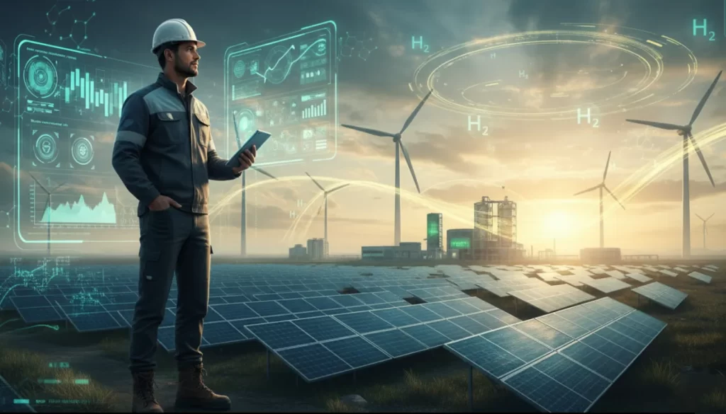 Um Engenheiro de Energias Renováveis em uma ampla área com painéis solares, turbinas eólicas e usina de hidrogênio