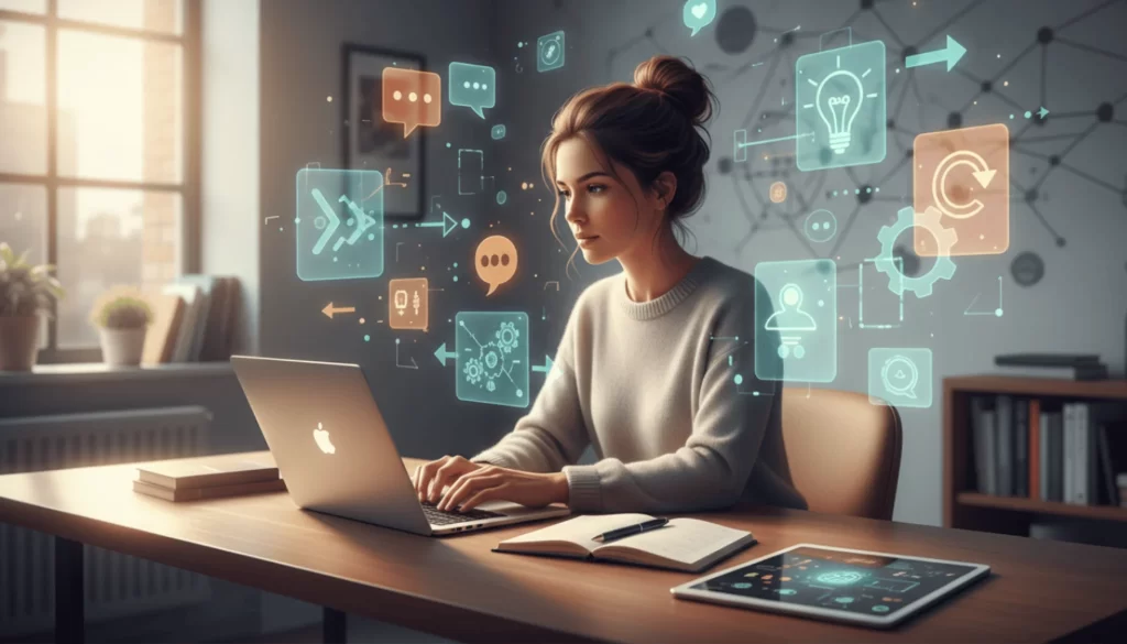 Mulher publicitária usando um notebook em home office.