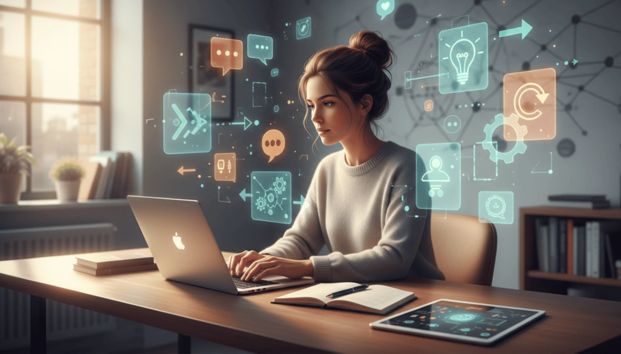 Mulher publicitária usando um notebook em home office.