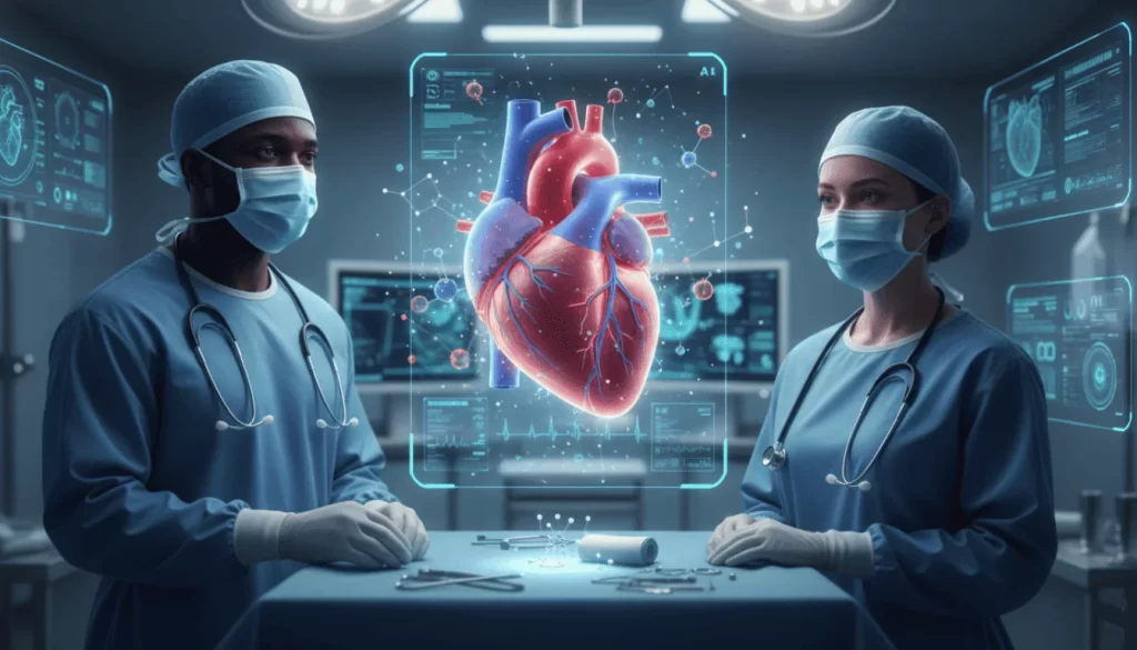 Médicos cardiologistas analisando coração digital em tecnologia médica avançada