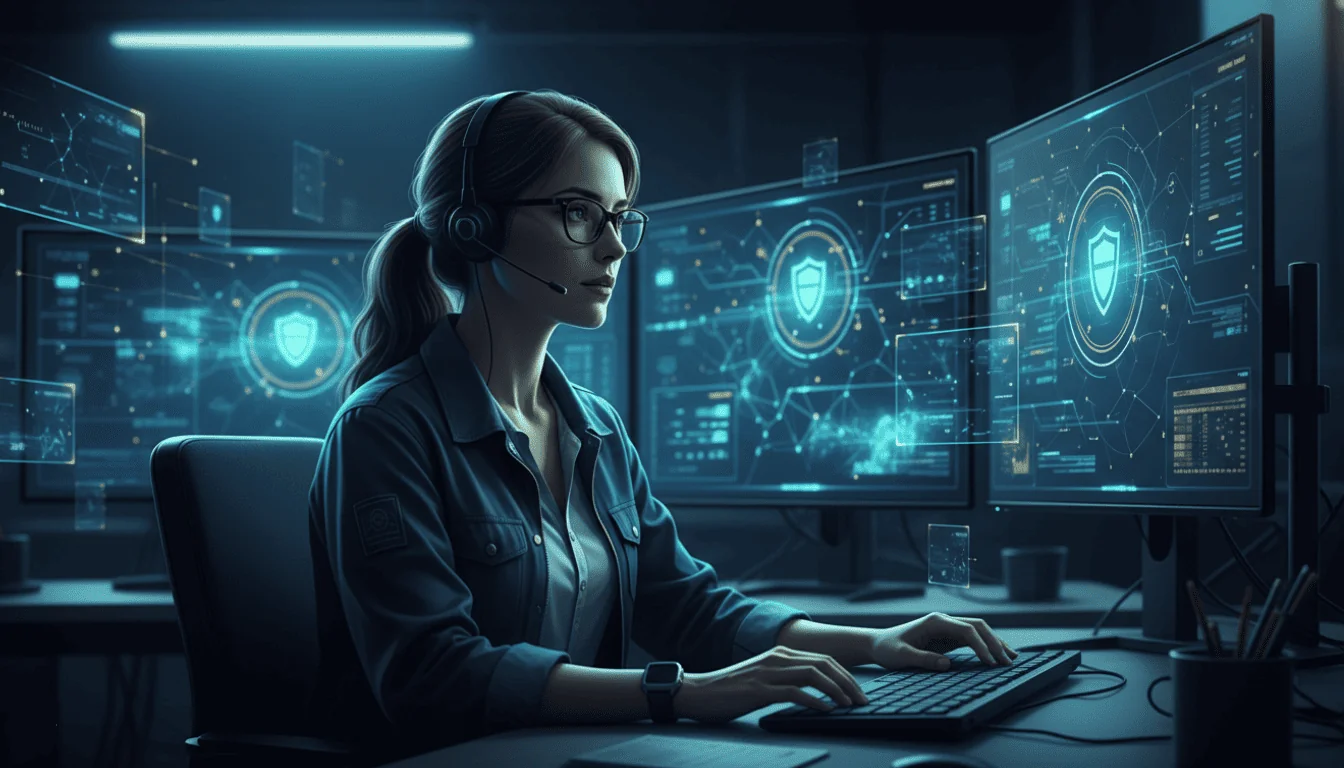 Mulher especialista em segurança da informação monitorando sistemas de cibersegurança