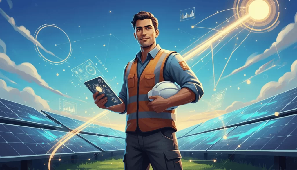 Engenheiro de energia solar analisando painéis solares com tecnologia digital sustentável
