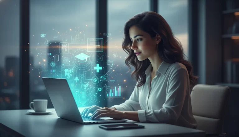 Mulher jovem sentada em uma cadeira estudando por um notebook em uma sala de estudos.