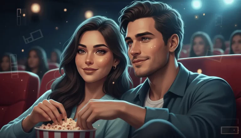 Homem e mulher jovens em poltrona de sala de cinema comendo pipoca.