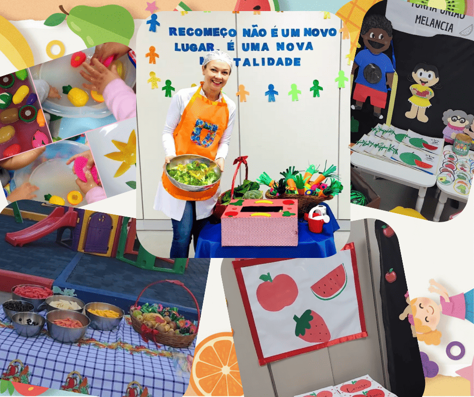 Mural de fotos de projetos de nutrição infantil.