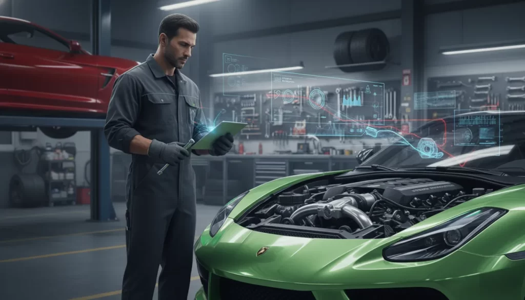 Um mecânico automotivo em uma oficina de carros esportivos.