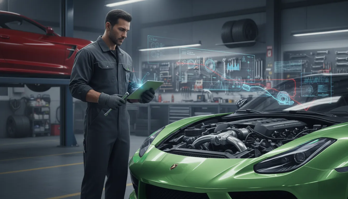 Um mecânico automotivo em uma oficina de carros esportivos.