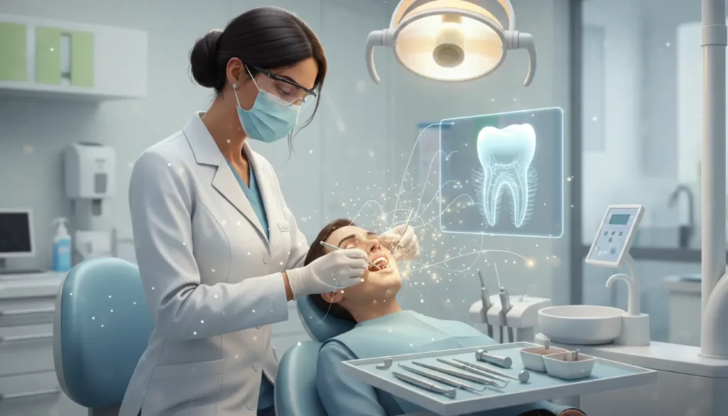 Uma dentista atende um paciente em um consultório odontológico.