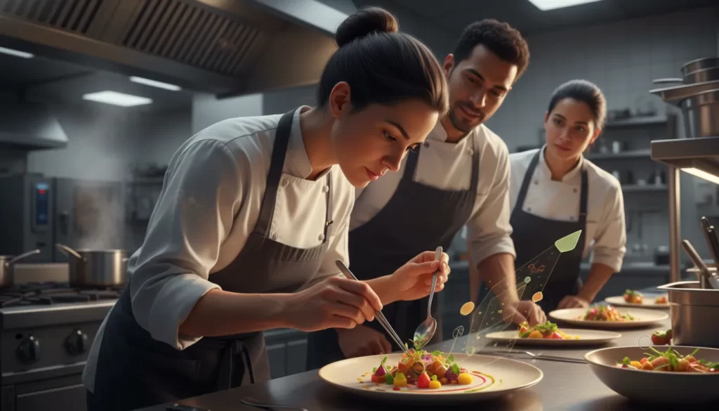 Uma mulher Chef de Cozinha finaliza um prato sendo observada por seus assistentes de cozinha.