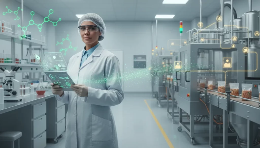 Uma mulher engenheira de alimentos em uma linha de produção laboratorial de alimentos industrializados.