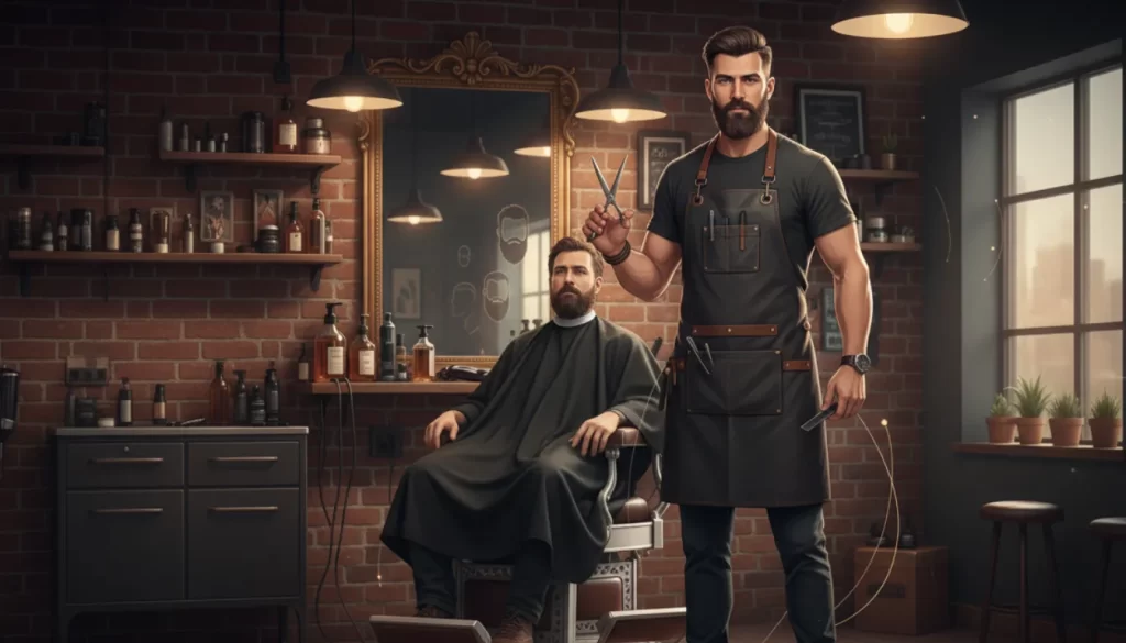 Um barbeiro profissional em uma barbearia moderna com seu cliente barbudo.