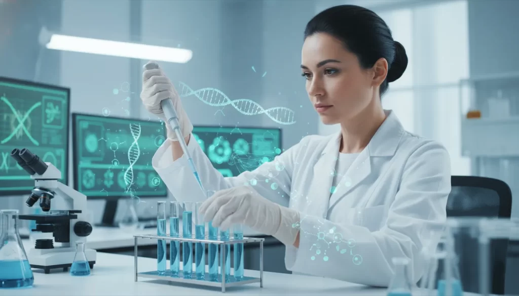 Uma mulher biotecnologista pipeta líquidos em tubos de ensaio em um laboratório.