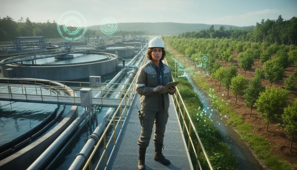 Mulher Engenheira Ambiental anda em plataforma em estação de tratamento de esgoto ao lado de área reflorestada.