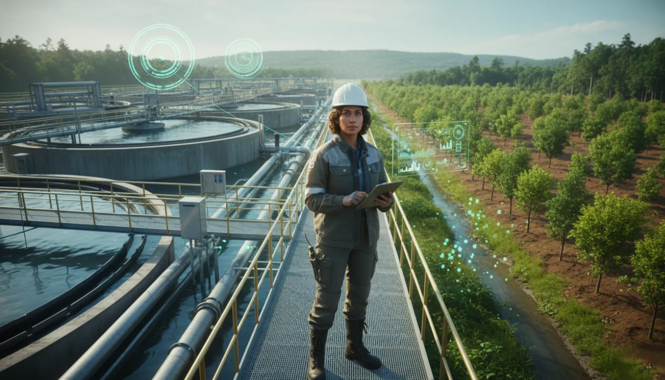 Mulher Engenheira Ambiental anda em plataforma em estação de tratamento de esgoto ao lado de área reflorestada.