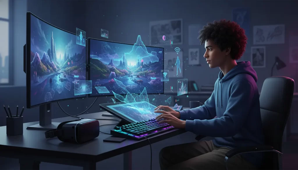 Um jovem Designer de Mundos Virtuais em uma mesa de computador com duas grandes telas.