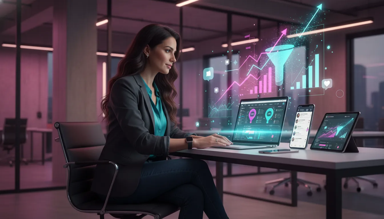 Uma mulher especialista em marketing digital observa gráficos em telas de computador e celular.