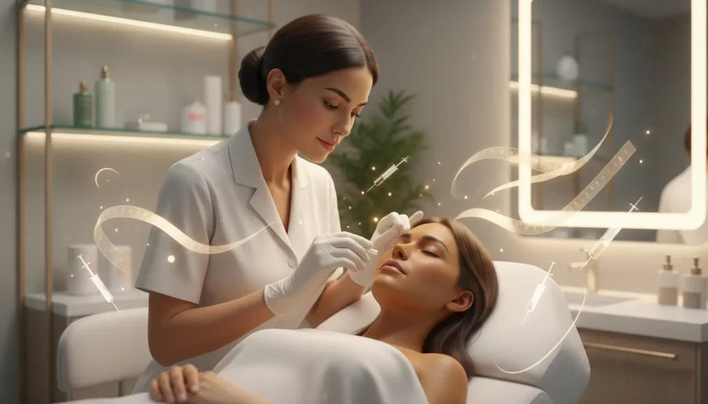 Um mulher esteticista atende uma outra mulher em uma clínica estética.