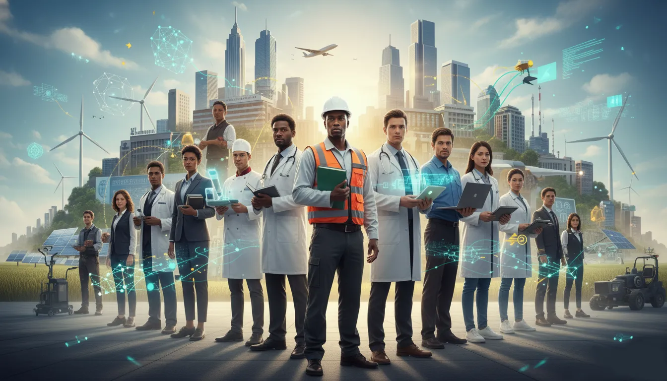 Homens e mulheres de diversas profissões em um cenário com uma cidade tecnológica ao fundo.