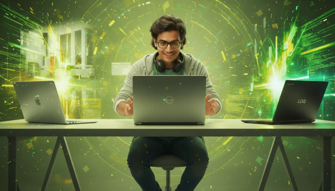 Um programador analisa empolgado 3 computadores Apple, Dell e Lenovo.